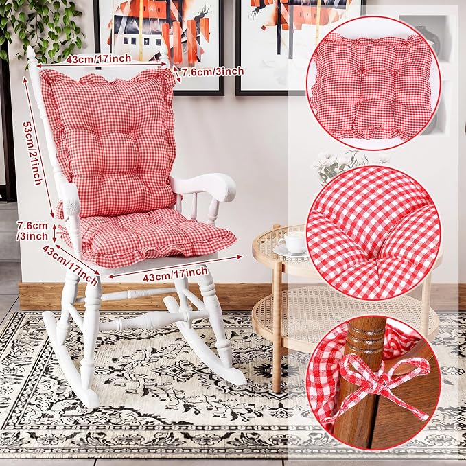 Lewtemi 2 Set Red Gingham Rocking Chair Cushion Village Ruffled Rocking Chair - Image 2