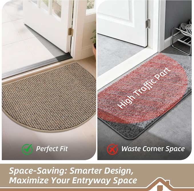 BEQHAUSE Dirt Trapper Door Mat 17" x 30" Half Circle Non Slip Rugs, Taupe | - Image 6