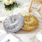 HIG Set of 2 Silver Metallic Leather Decorative Round Pleated Throw Pillows | - Image 8