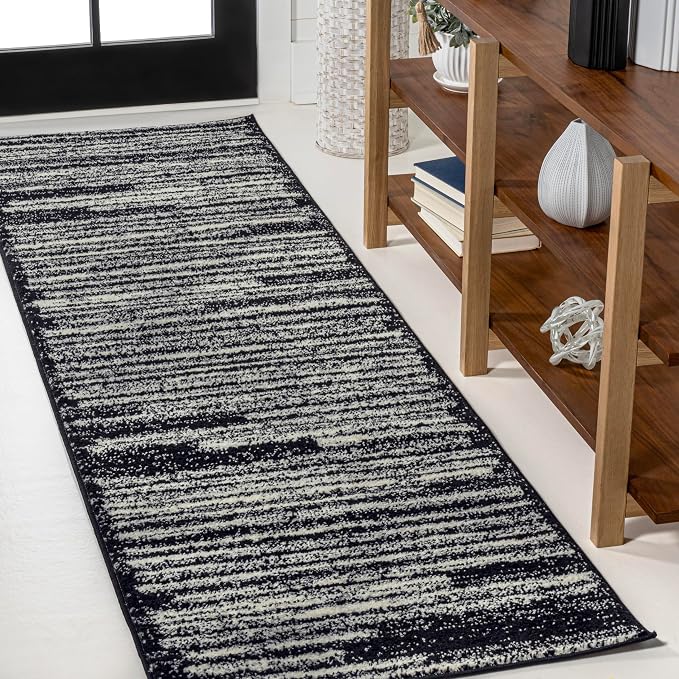 JONATHAN Y Khalil Modern Berber Stripe Black/Cream Runner Rug, Contemporary by JONATHANY