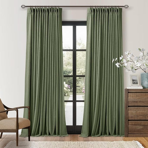 102 Inch Olive Green Linen Pinch Pleated Black Out Curtains by Twodrapes