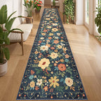 DUKINO 2.6x14 Washable Runner Rug, Floral Non Slip Runner Rug, Low Pile by DUKINO