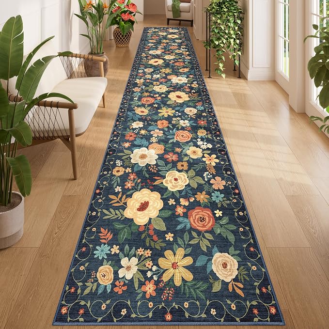 DUKINO 2.6x14 Washable Runner Rug, Floral Non Slip Runner Rug, Low Pile by DUKINO
