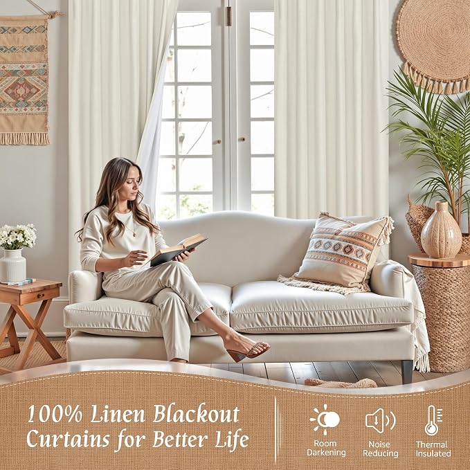 Ivory 100% Blackout Polyester Curtains 54 Inches Long, Linen Textured Living - Image 2