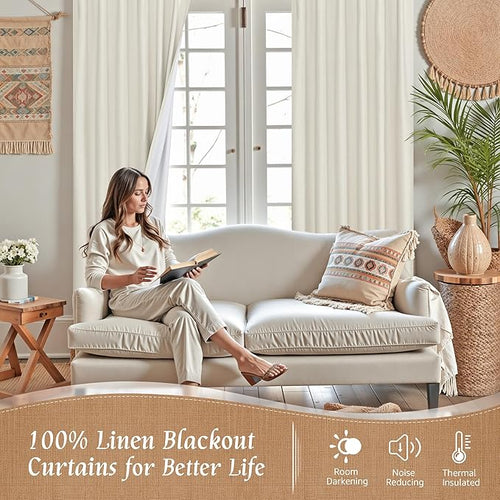 100% Blackout Linen Curtains for Living Room 95 Inch, 52 x 95 Inch | Ivory - Image 2