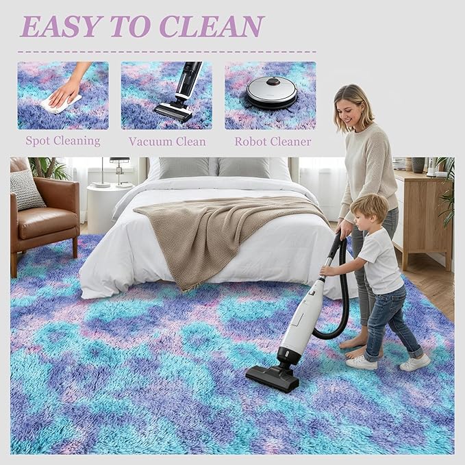 Area Rug Living Room Bedroom: 4x6 Fluffy Plush Shag Carpet Rainbow | - Image 8