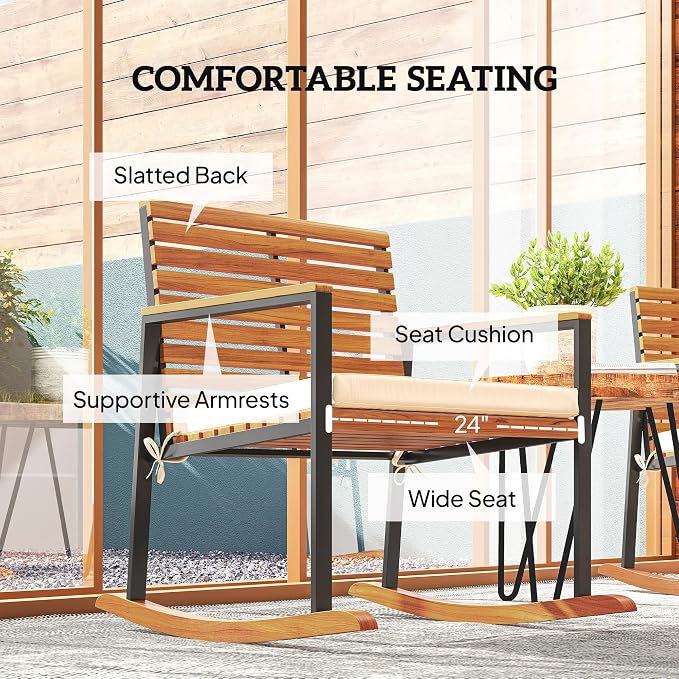 Outsunny Outdoor Rocking Chair Set of 2, Acacia Wood Outdoor Rockers - Image 4