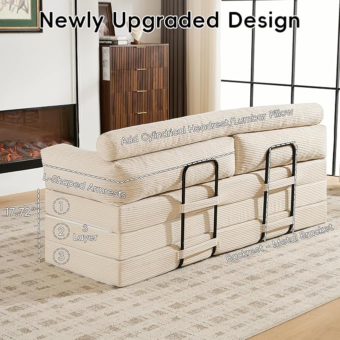 5-in-1 Convertible Sofa Bed, Corduroy Futon Couch Sleeper - Image 8