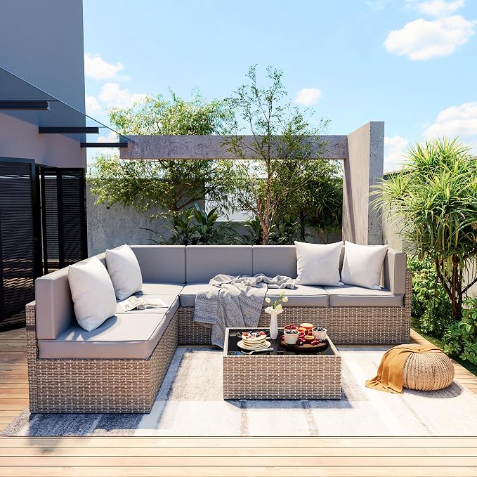 Pamapic 7-Piece Outdoor Sectional Furniture Set, All-Weather Wicker Patio Sofa by Pamapic