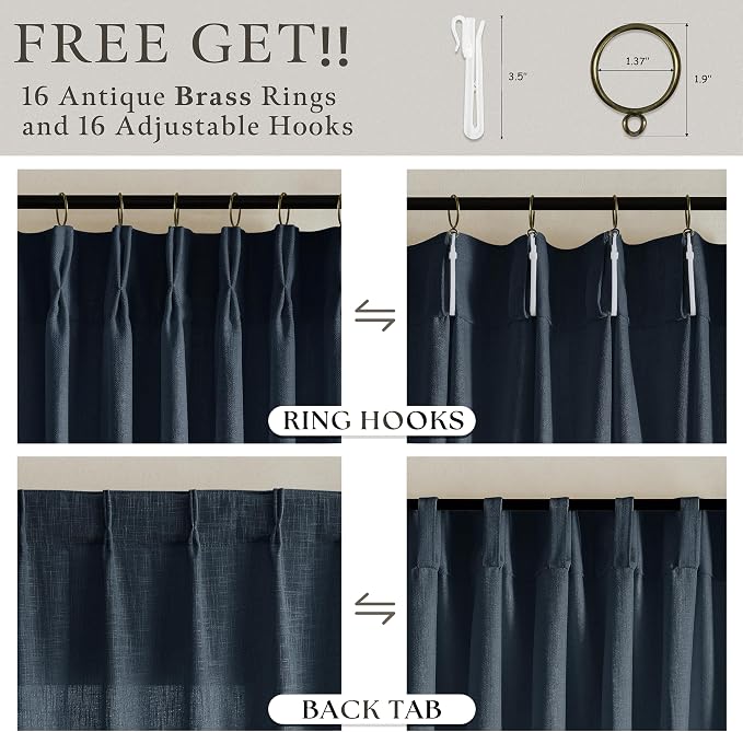 96 Inches Pinch Pleated Semi Sheer Memory Shaped Navy Thick Linen Curtains | - Image 5