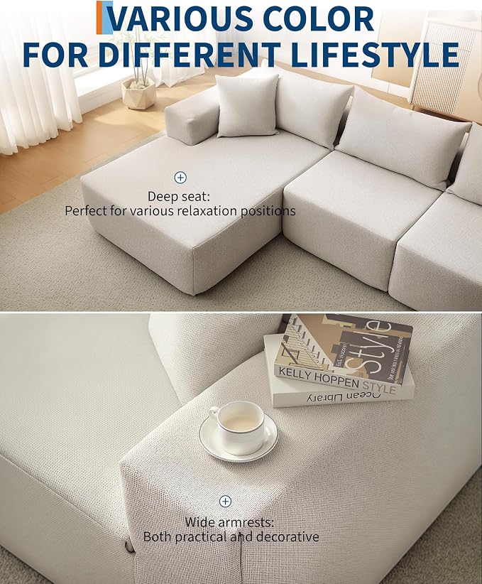 Corduroy Modular L Shape Sofa, Cloud Feel Compressed Sectional Couch - Image 7