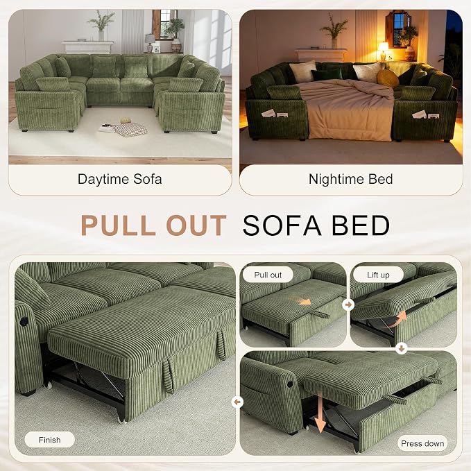Hanherry Sectional Sofa with Pull Out Couch Bed, Corduroy Sleeper Sofa with 2 - Image 5