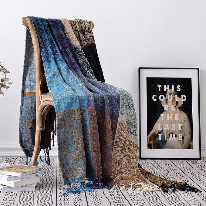 Boho Chair Cover Colorful Chenille Tassels Hippie Throw Blanket by Unknown