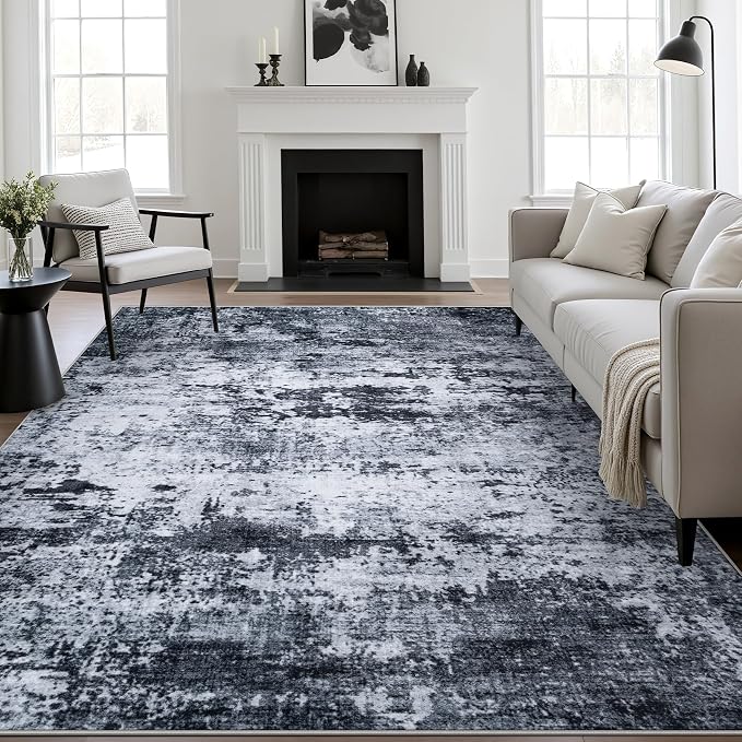 9x12 Area Rug Living Room: Modern Washable Indoor Carpet Black | by FXRHLP