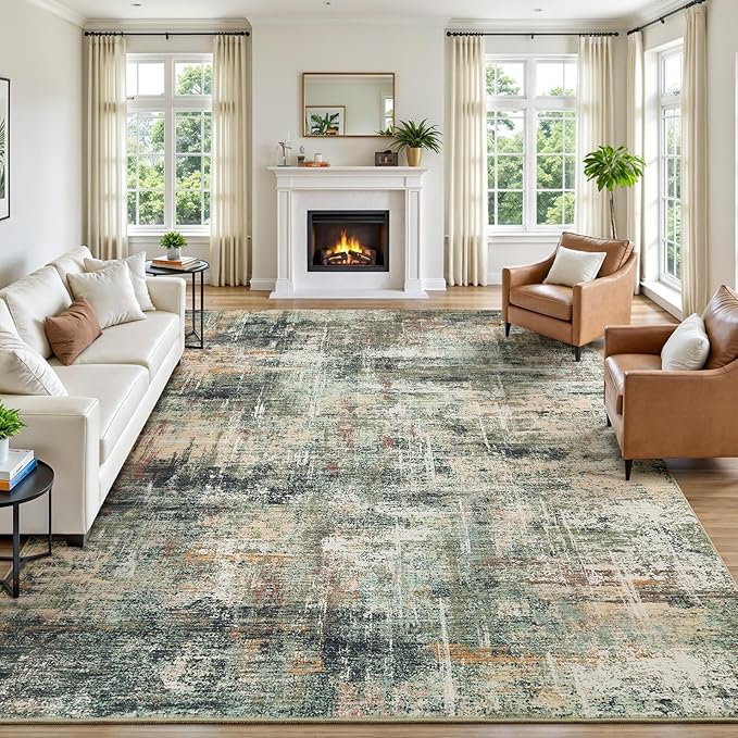 8x10 Area Rug for Living Room, Abstract Washable Large Rugs, Coffee/Green | by Lofus