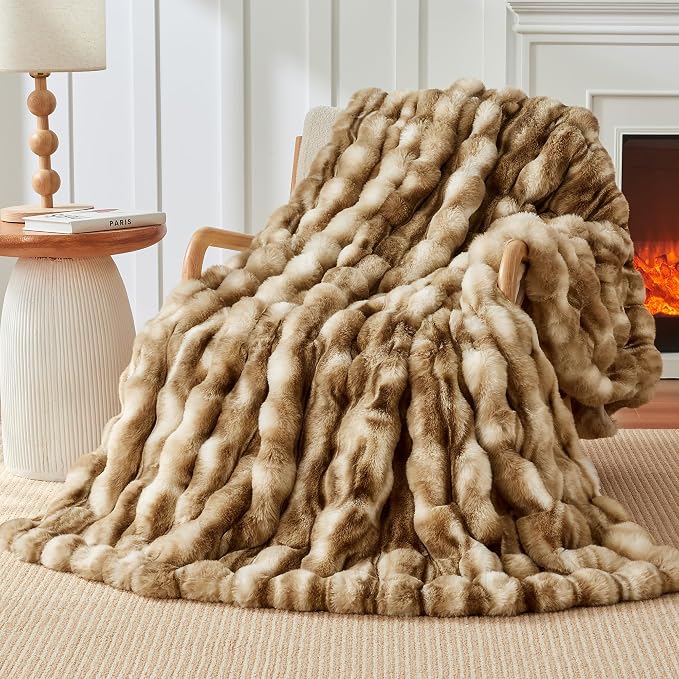 Luxury 1000GSM Rabbit Faux Fur Blanket, Super Warm Cozy Brown Blankets by TOUCHAT