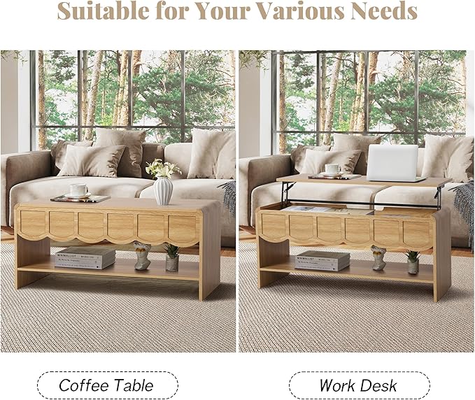 Lift Top Coffee Table with Hidden Compartment, 2 Tier Wooden Center Table with - Image 5
