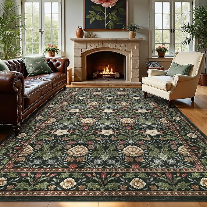 GarveeHome Area Rugs 8x10 for Living Room, Forest Green Floral Large Washable by GarveeHome