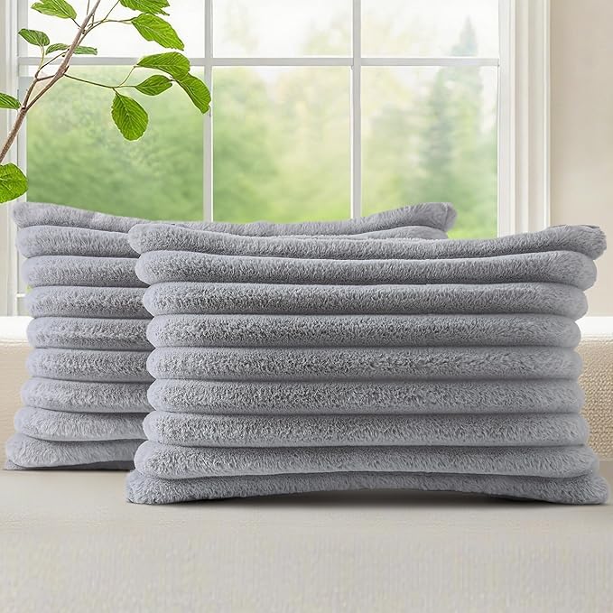 decorUhome Fall Faux Fur Throw Pillow Covers 12x20 Set of 2 Grey | Decorative by decorUhome
