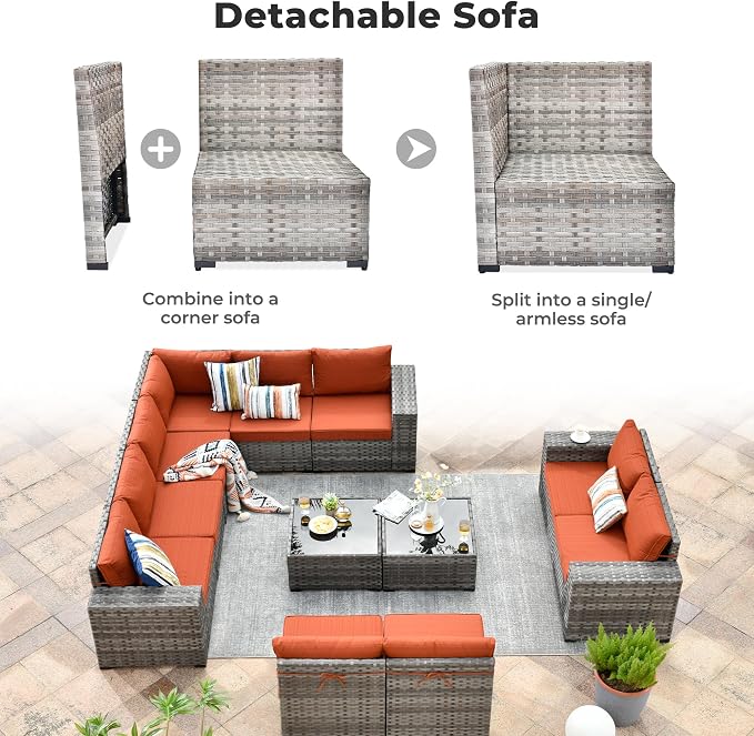 ovios 12 Pieces Patio Furniture Set, Outdoor Wicker Sectional Sofa - Image 9