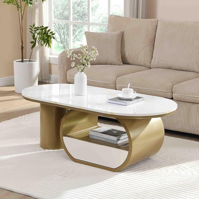 Modern Oval Coffee Table, 47.24" White Faux Marble Coffee Table by Henf