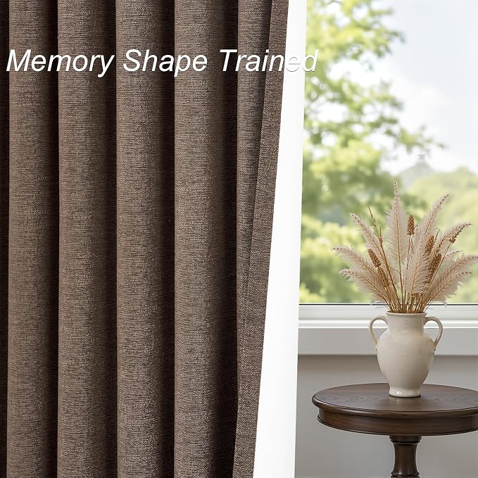 102 Inch Length Linen Blackout Bedroom Curtains Dark Brown Back Tab Pleat - Image 6