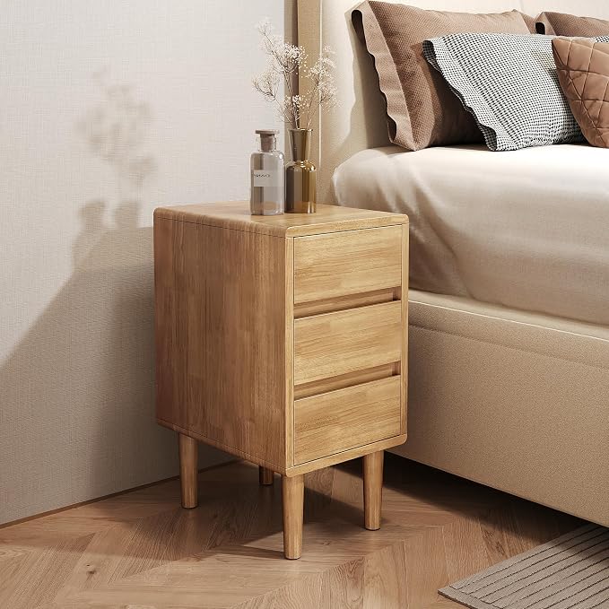 Nightstand with 3 Drawers Narrow Night Stand Solid Wood Bedside Table Mid by IUNVR