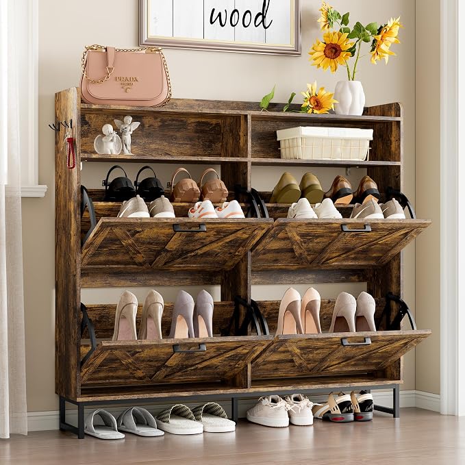 BORNOON Shoe Cabinet with 4 Flip Drawers Narrow Shoe Storage Cabinet Organizer - Image 3