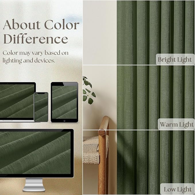 80 Inches Long Olive Green Pinch Pleat Thick Linen Curtains - Image 4