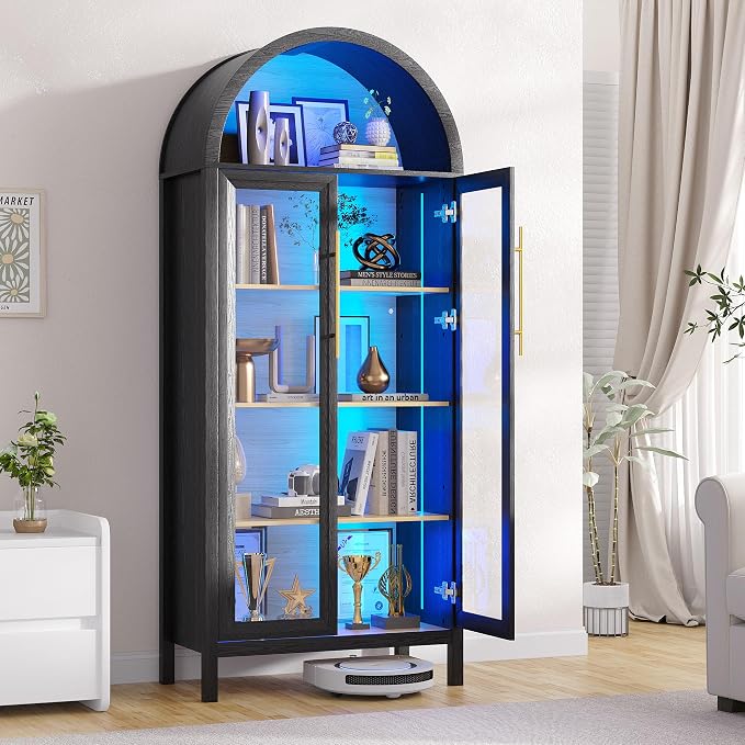 HWB Display Curio Cabinet with Glass Doors, Arched Bookcase 5-Tier Tall Storage - Image 6