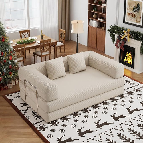4-in-1 Foldable Sofa Bed Teddy Fabric Foam-Filled Compressed Couch, Beds Queen by BSHOMGI