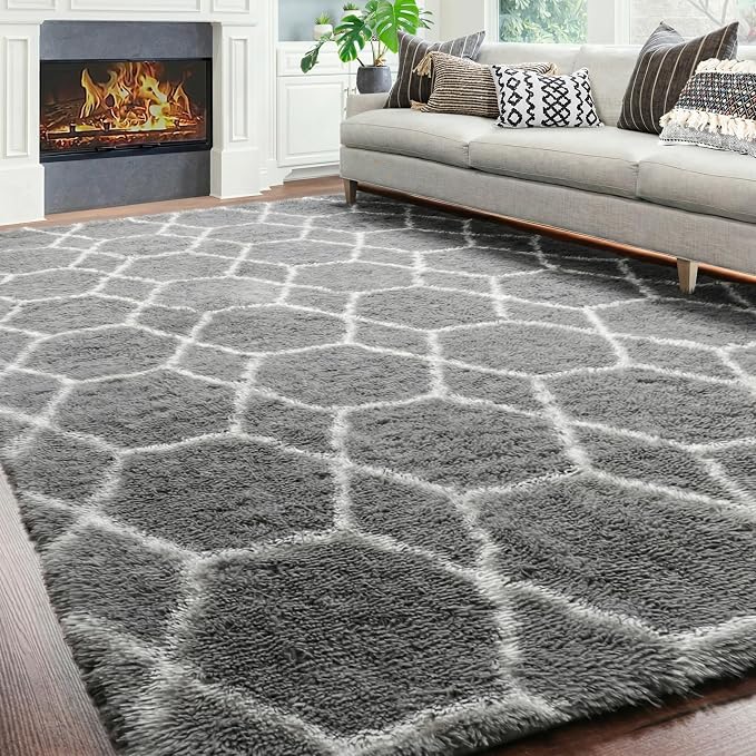 6x9 Area Rugs for Living Room Bedroom, Fluffy Grey and White Geometric Rug | - Image 5