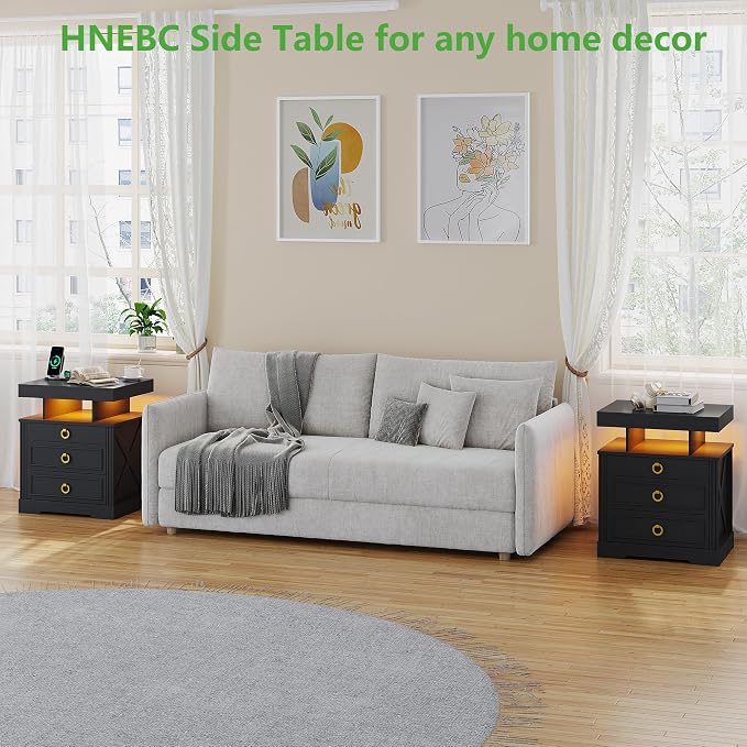 HNEBC Nightstand with Gun Drawers, LED Farmhouse Night Stand with Charging - Image 8