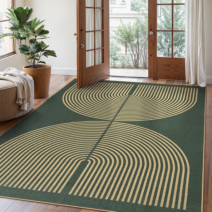 Lahome Rainbow Easy Jute Dark Green Rug, 5x7 Mid Century Modern Rug | Rugs - Image 2