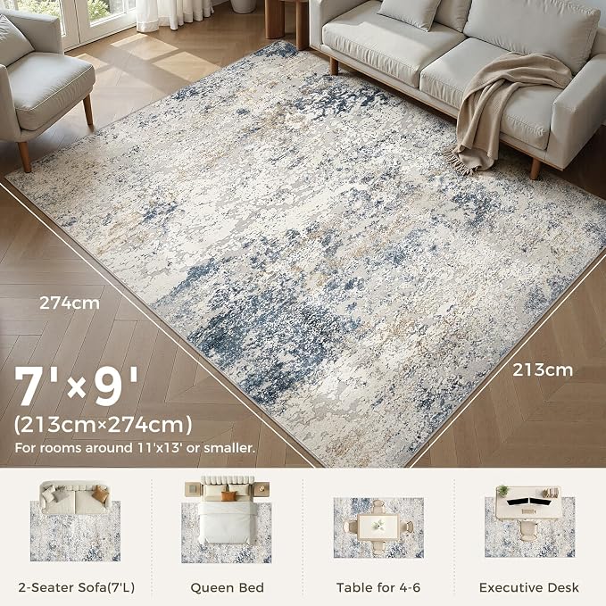 DMOYEST Area Rug Living Room Rugs 7x9 Washable Abstract Beige Blue Carpet | - Image 3