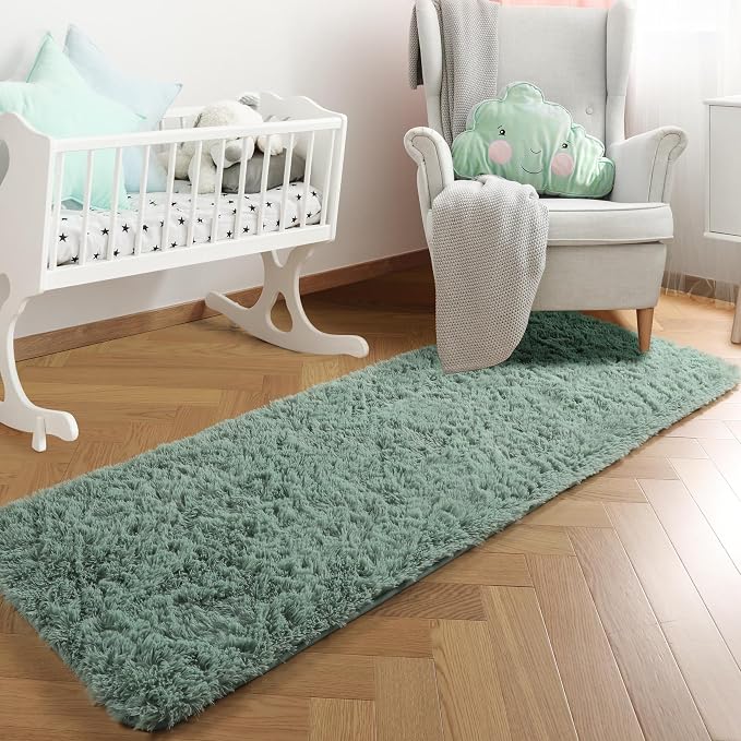 Sage Green Runner Rugs for Kids Bedroom Living Room Plush Fluffy Rug 2x6 Ft | - Image 9
