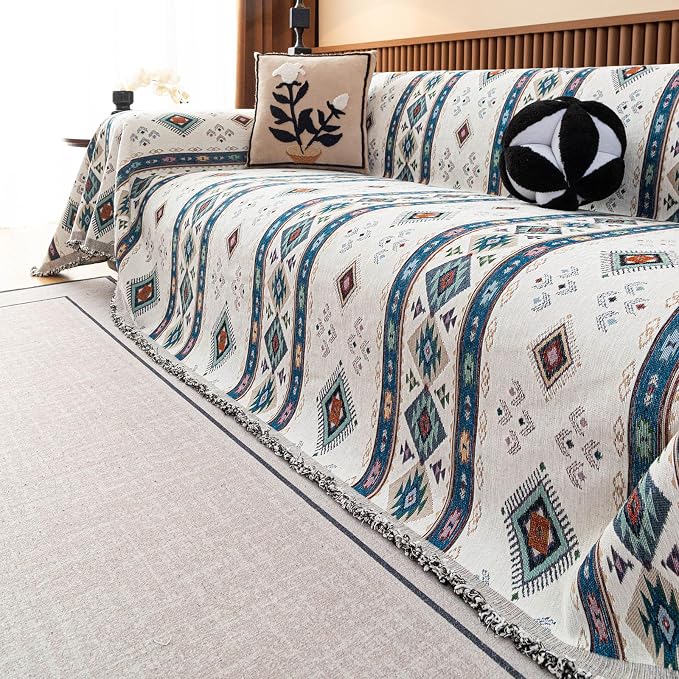 VClife Bohemian Couch Cover, Vintage Moroccan Tribal Geometric Chenille Couch - Image 5