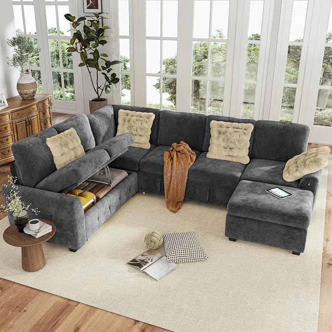Hanherry Sectional Couch with Pull Out Sofa Bed, Chenille Sleeper Sofa with - Image 8