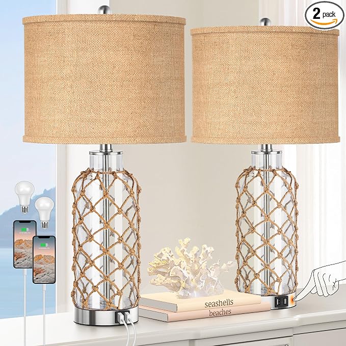 PARTPHONER Modern Coastal Table Lamp, 3-Way Dimmable Touch Control, 2 USB by PARTPHONER