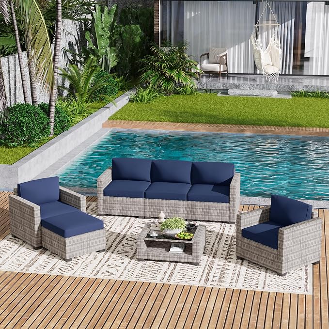 LOUVIXA 7 Piece Outdoor Patio Furniture Set, Rattan Chairs Glass Table Wicker - Image 9