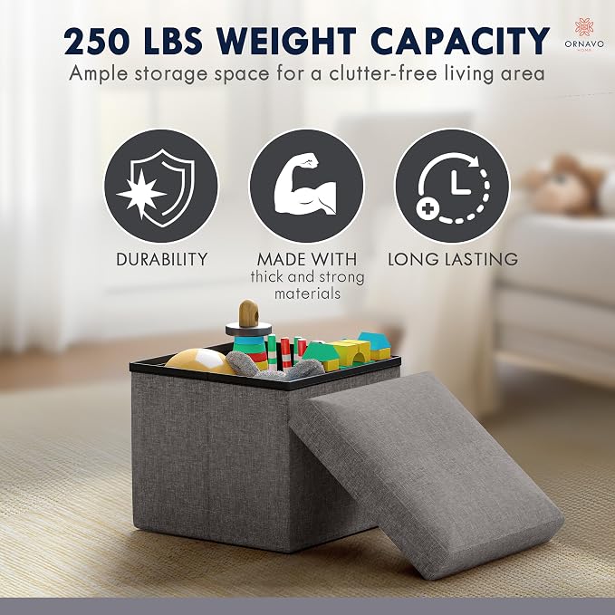 Ornavo Home Small Storage Ottoman Foldable Collapsible Cube Square Linen - Image 7