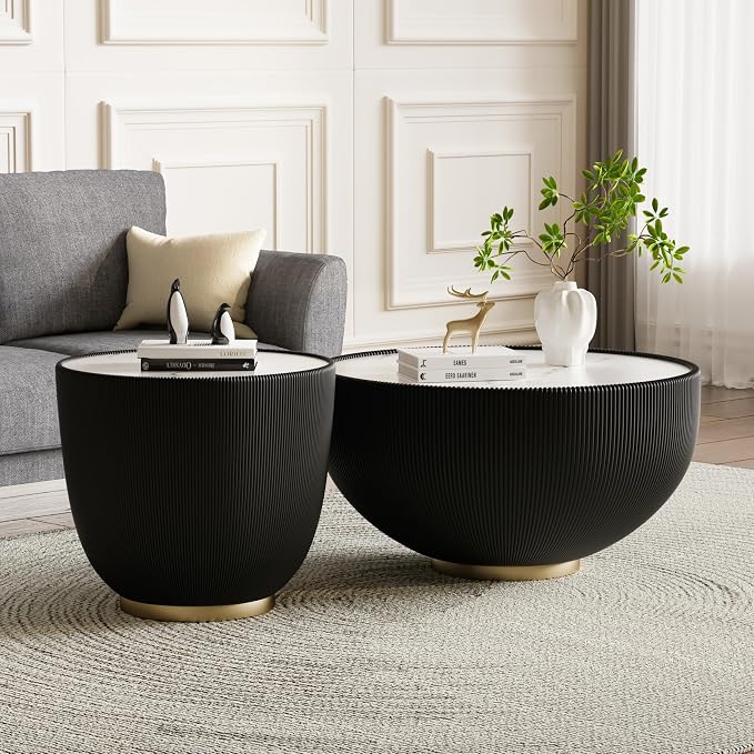 SSLine Bowl-Shape Coffee Table Set of 2 Modern Sintered Stone Top Nesting by SSLine