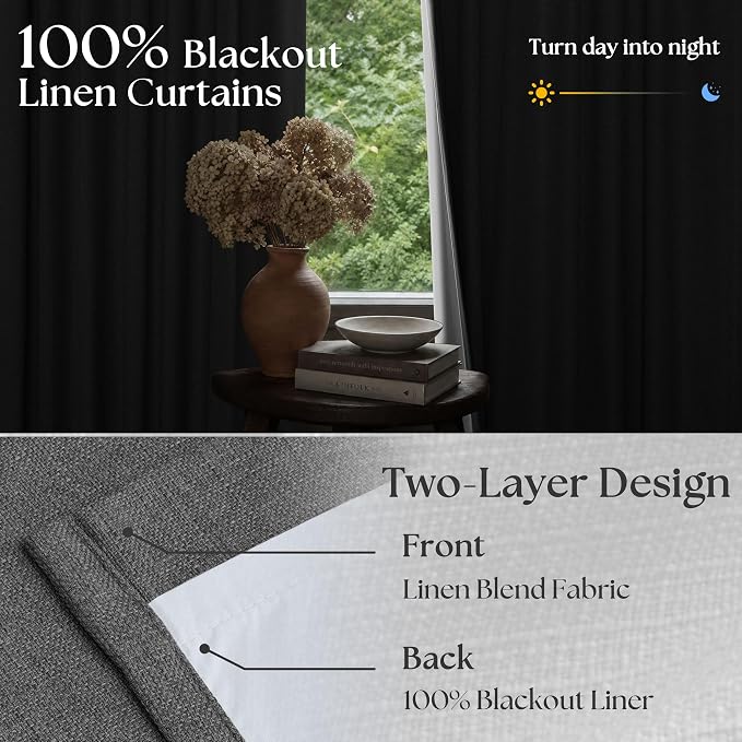 Charcoal Grey Pleated Thick Linen Blackout Curtains 120 Inches Long - Image 2