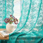 YJ YANJUN Vintage Lace Curtains 96 Inches Long-Victorian Floral Teal Sheer - Image 2