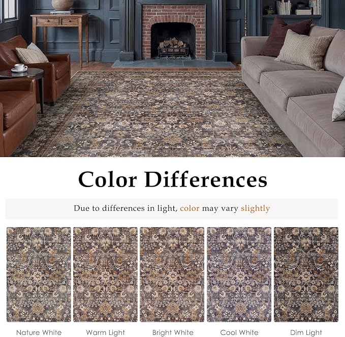 2x10 Brown Blue Vintage Floral Washable Runner Rug - Image 8
