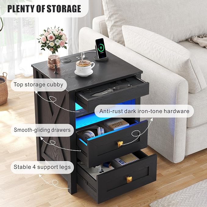 HWB LED Nightstand with Gun Drawer: Bedside Table with Charging Station - Image 6