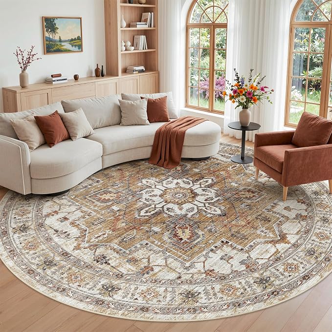 Madane Washable 8ft Circle Round Rug, 8x8 Circular Area Rugs, Turmeric/Grey | by Madane