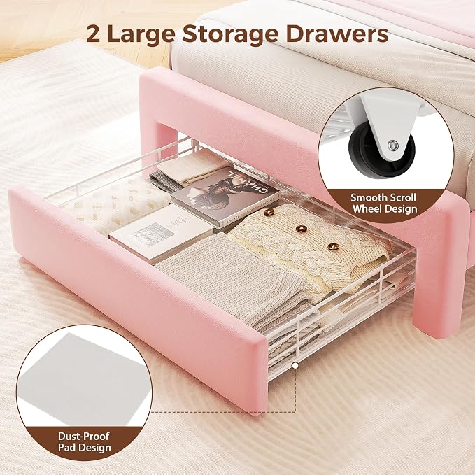 Twin LED Bed Frame with Storage Headboard & 2 Storage Drawers, Princess Velvet - Image 9