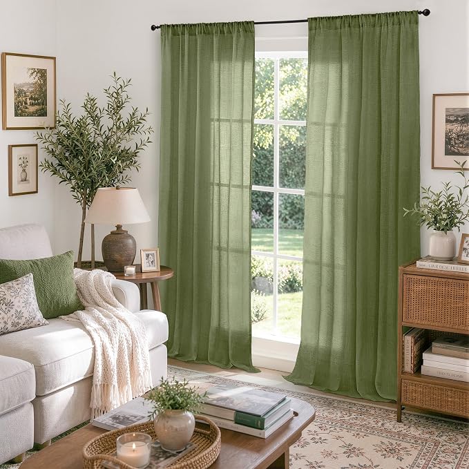 BGment 96 Inches Long Olive Green Linen Curtains - Image 2