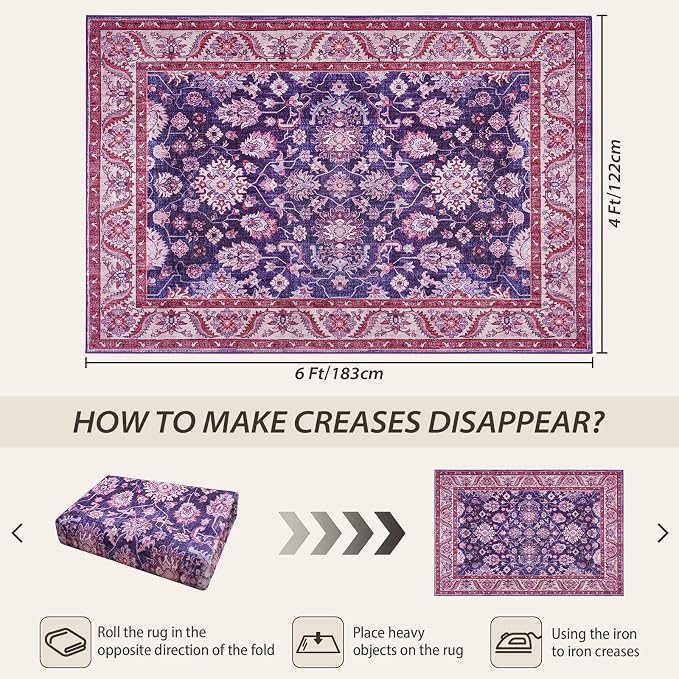 Purple Area Rugs for Living Room, 4x6 Washable Rugs for Bedroom, Non-Slip Retro - Image 2